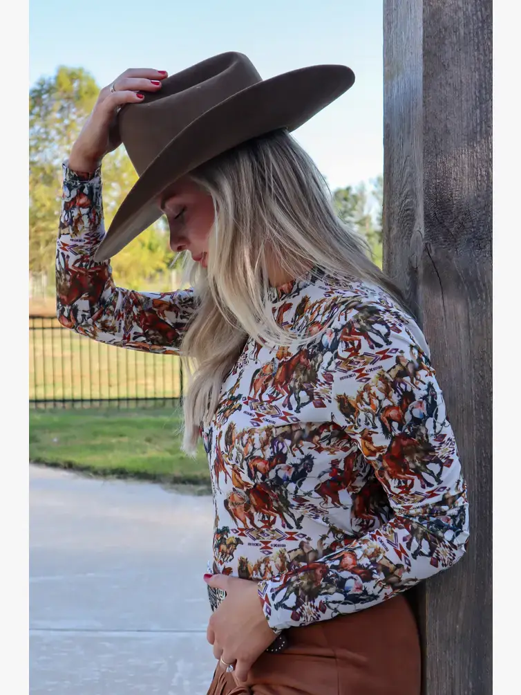 MK165 Buckaroo Long Sleeve Mesh Top - Cowboy - PLUS