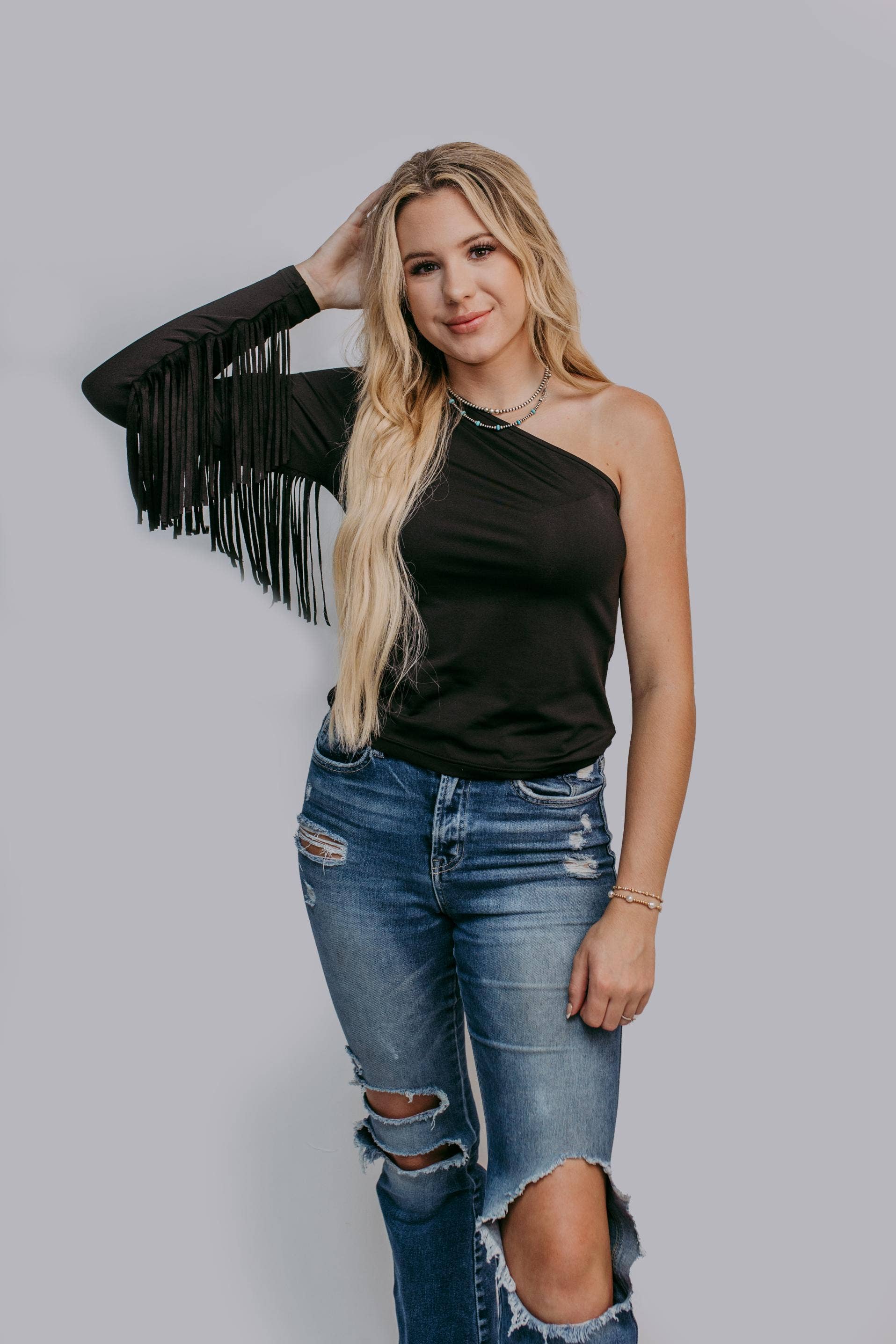 MK594 One Shoulder Fringe Top - Image 3