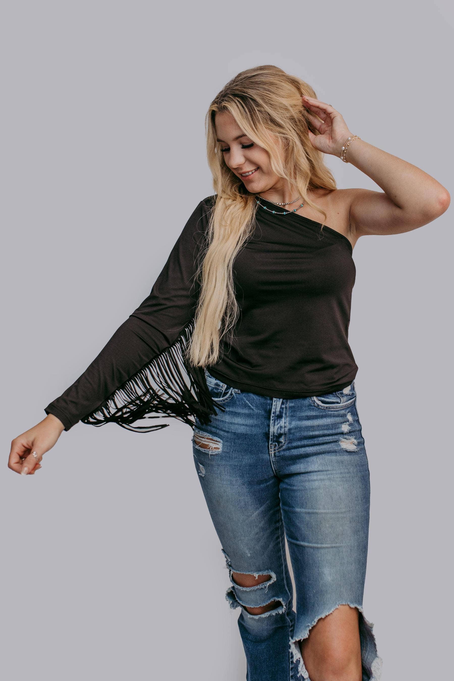 MK594 One Shoulder Fringe Top - Image 4