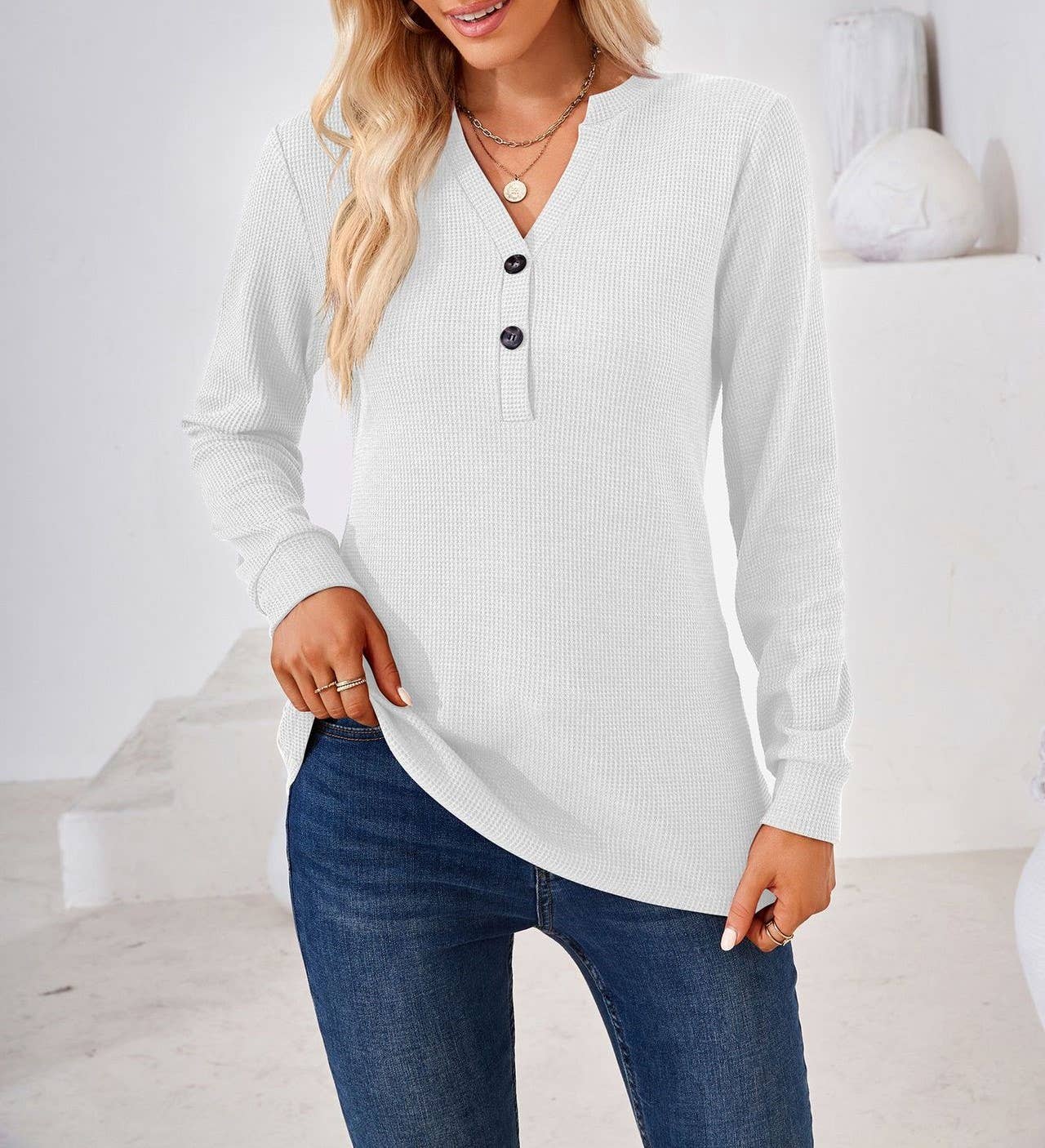 New solid color V-neck button solid color baggy top - Image 14