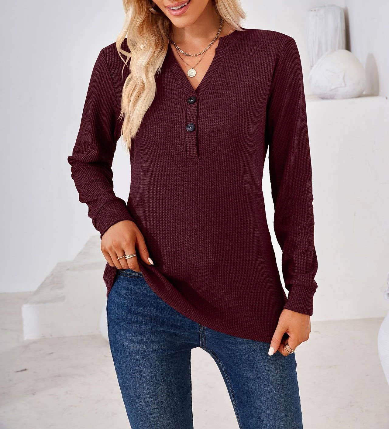 New solid color V-neck button solid color baggy top - Image 17