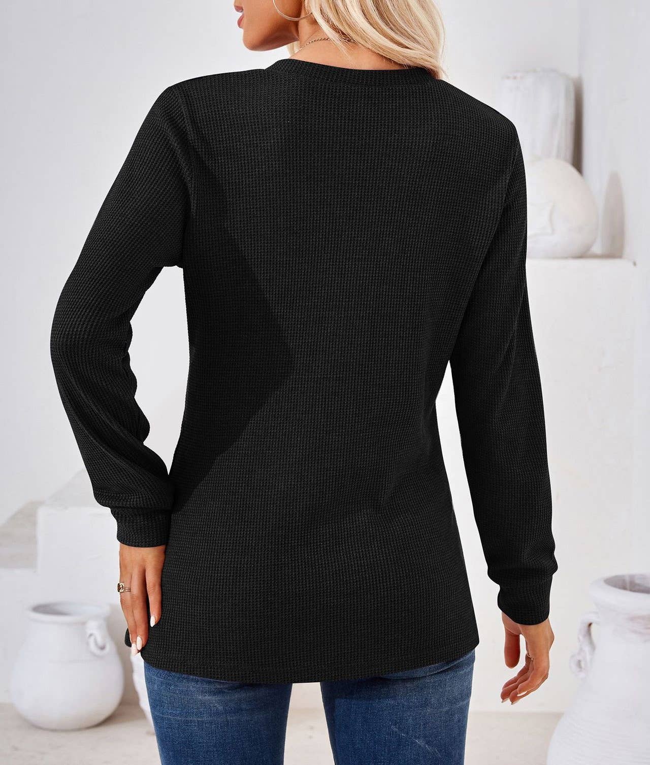 New solid color V-neck button solid color baggy top - Image 22