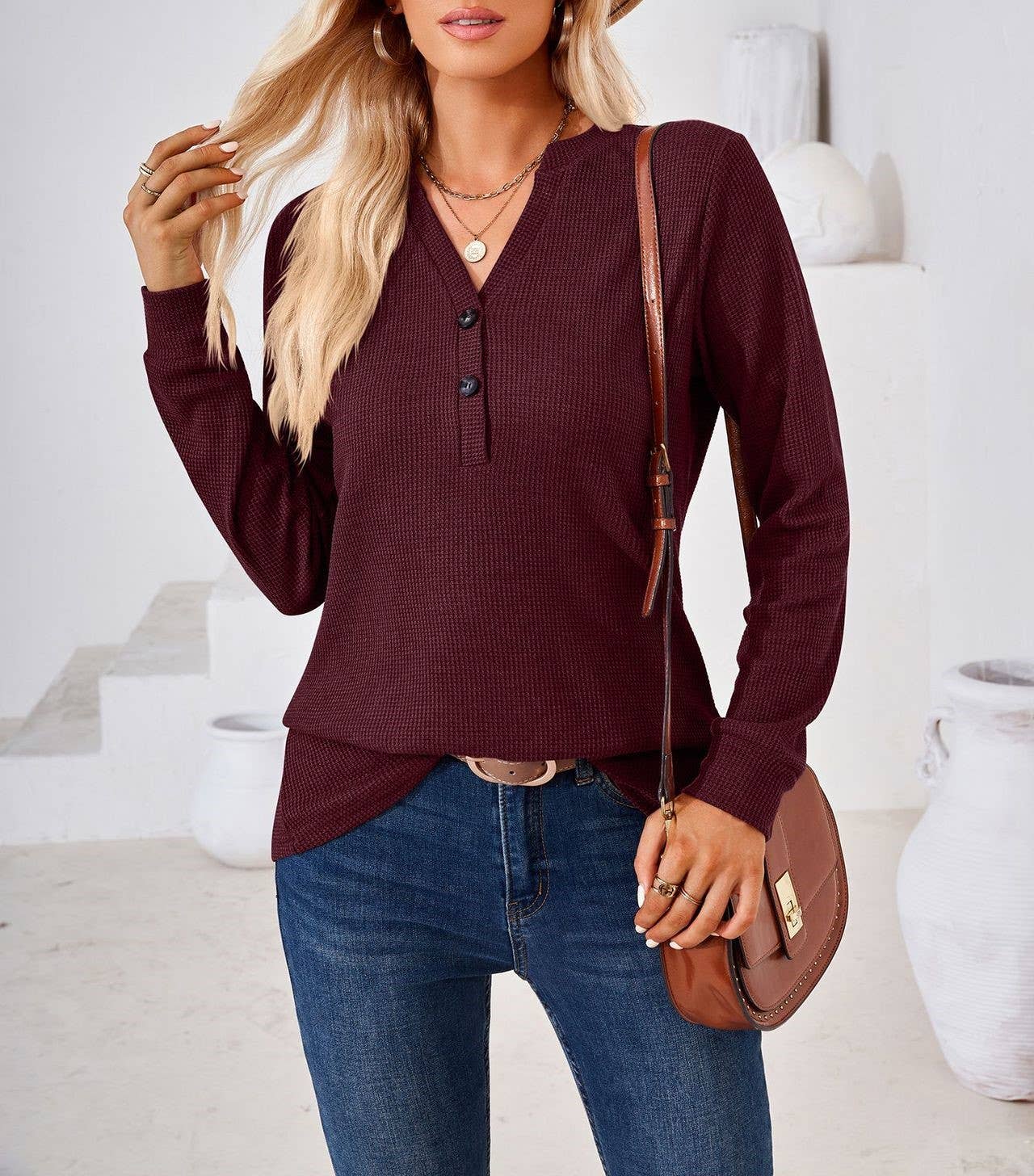 New solid color V-neck button solid color baggy top - Image 23