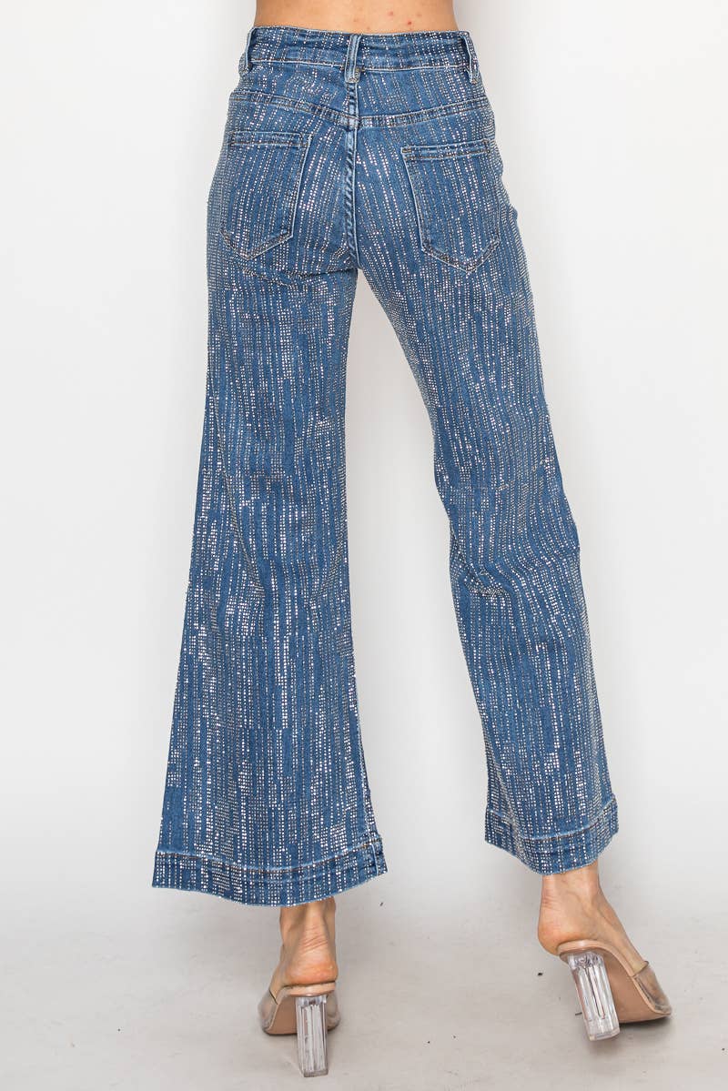 NR2322 - Stone embellished 5 pocket blue denim wide leg jean - Image 2
