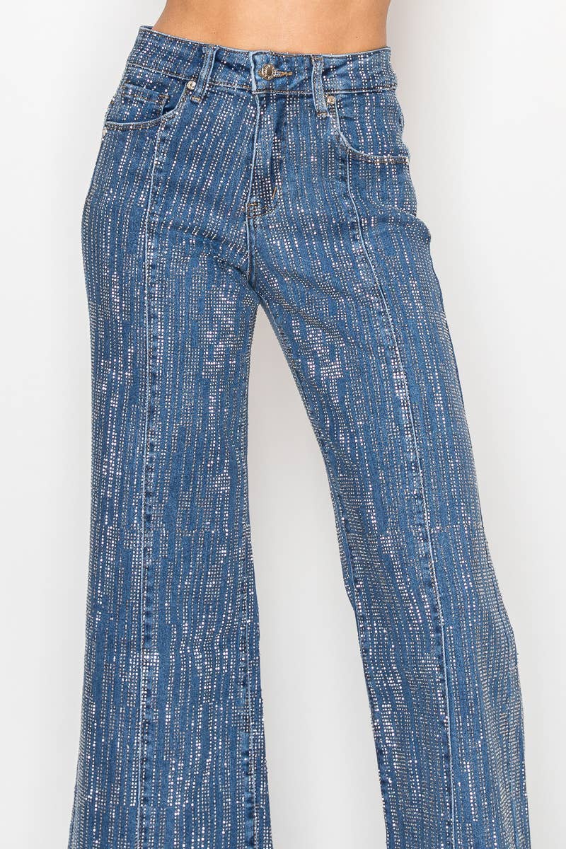 NR2322 - Stone embellished 5 pocket blue denim wide leg jean - Image 3