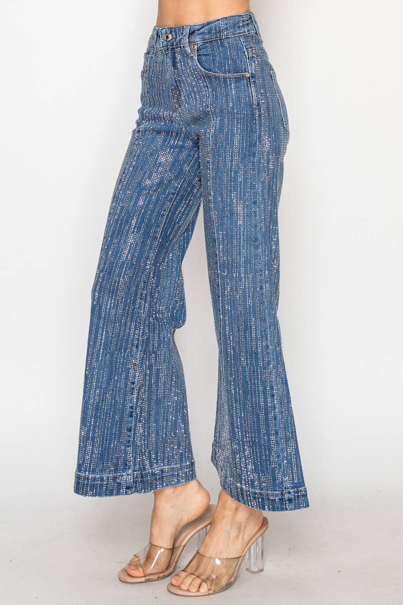 NR2322 - Stone embellished 5 pocket blue denim wide leg jean - Image 4
