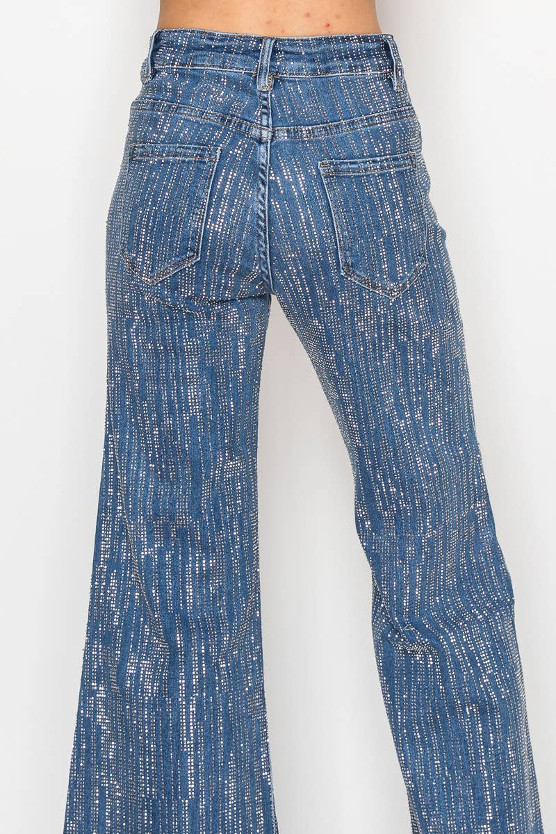 NR2322 - Stone embellished 5 pocket blue denim wide leg jean - Image 5