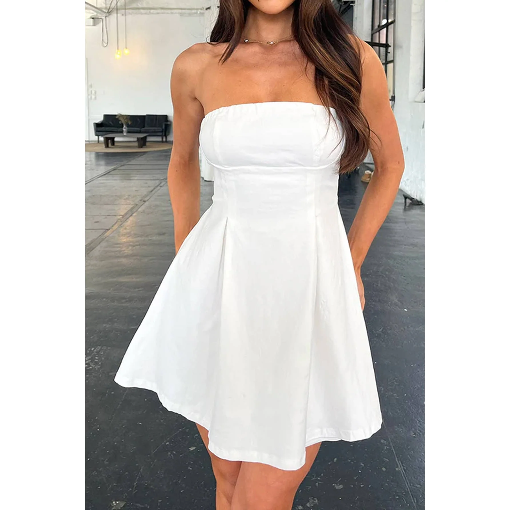 Off Shoulder Elegant Tube Cuff A Swing Short Dress - Image 9