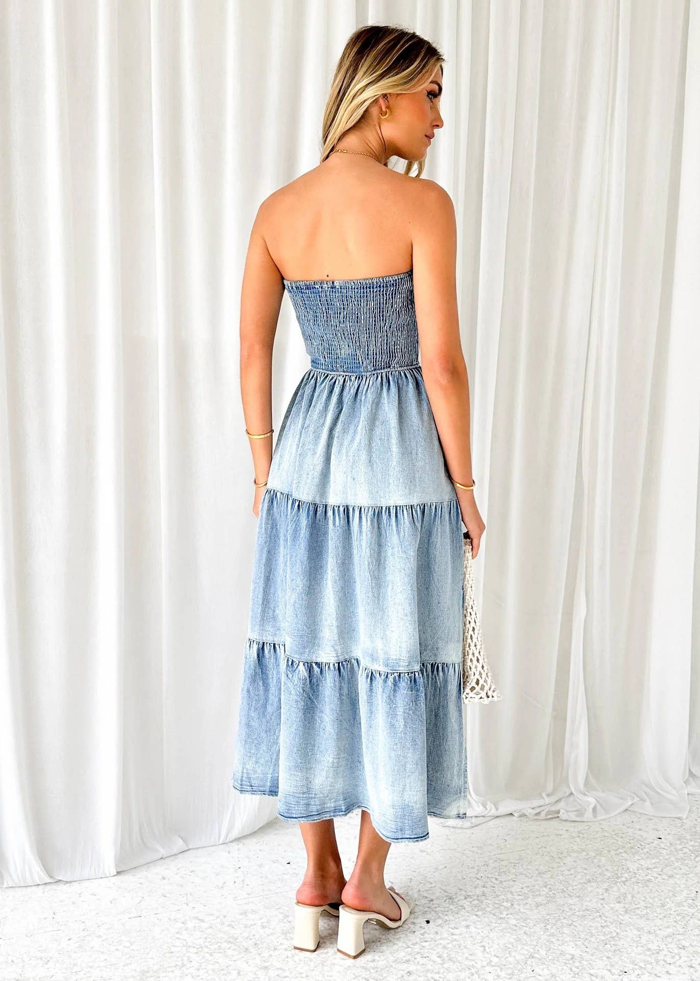 Off-Shoulder Hem Slit Jean Dress - Image 2