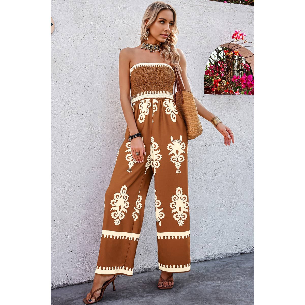 Off Shoulder Ruched Printed High Waist Jumpsuit - Image 5