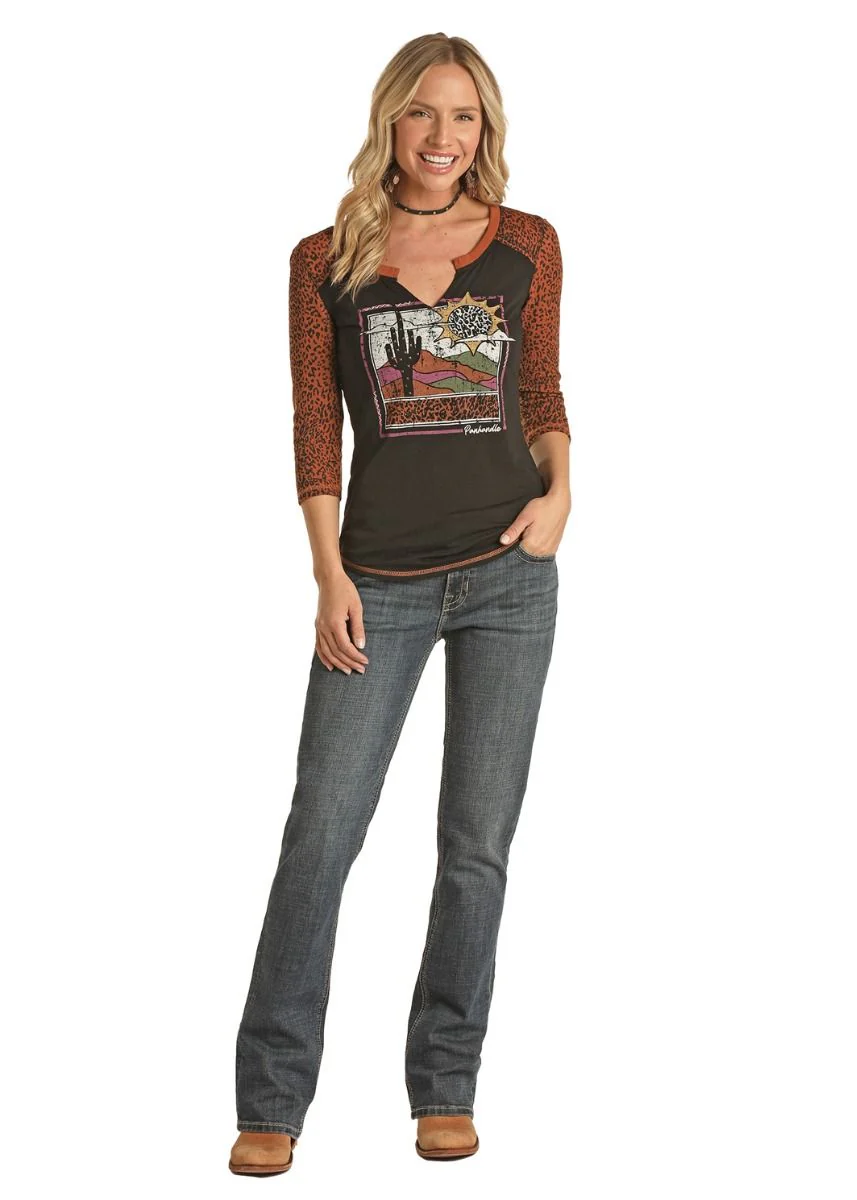 PHS Black Ladies Cactus Tee with Cheetah Print Sleeves Style L9T1883