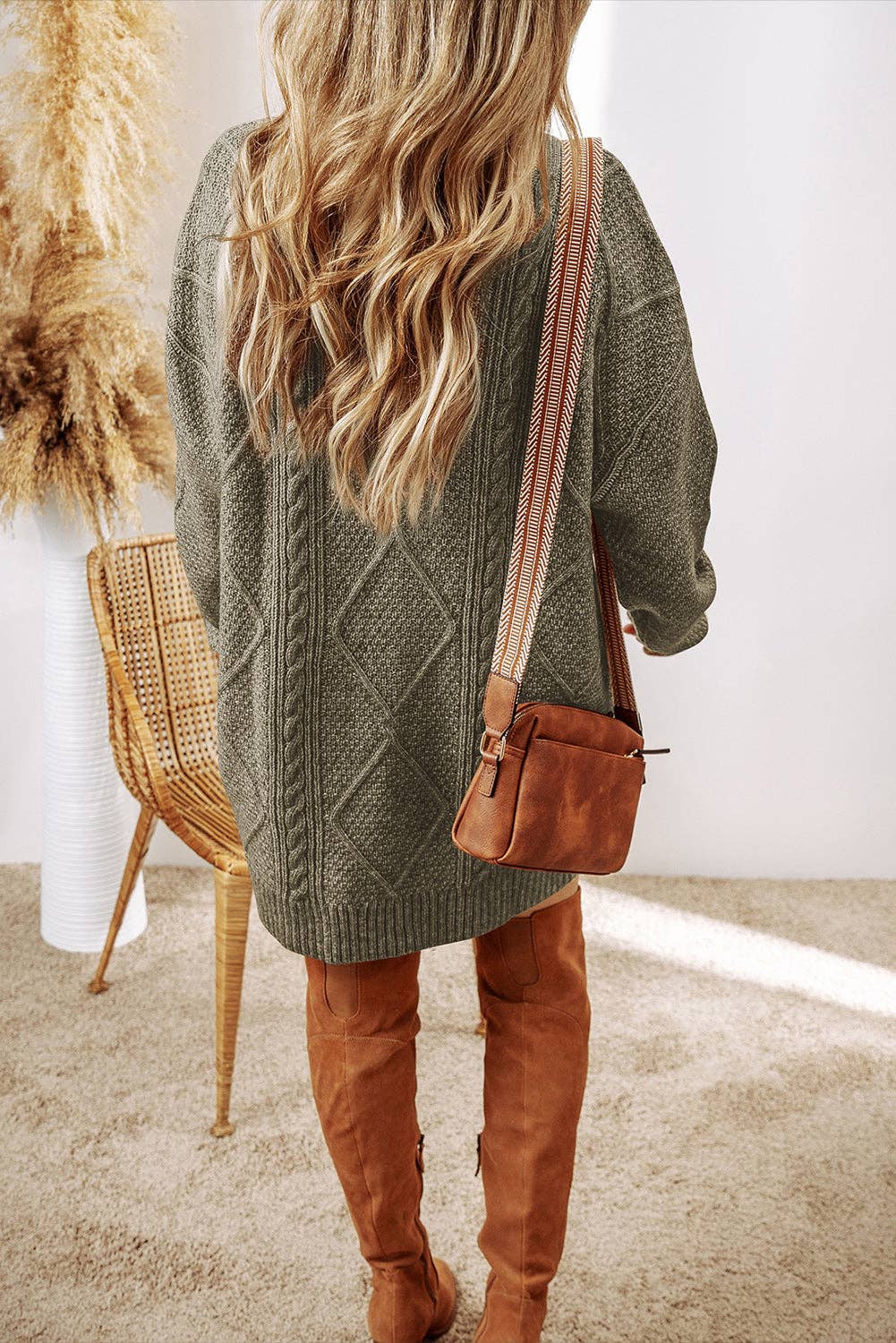 Parchment Cable Knit Drop Shoulder Loose Fit Sweater Dress - Image 12
