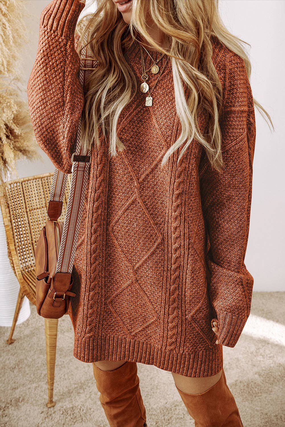 Parchment Cable Knit Drop Shoulder Loose Fit Sweater Dress - Image 16