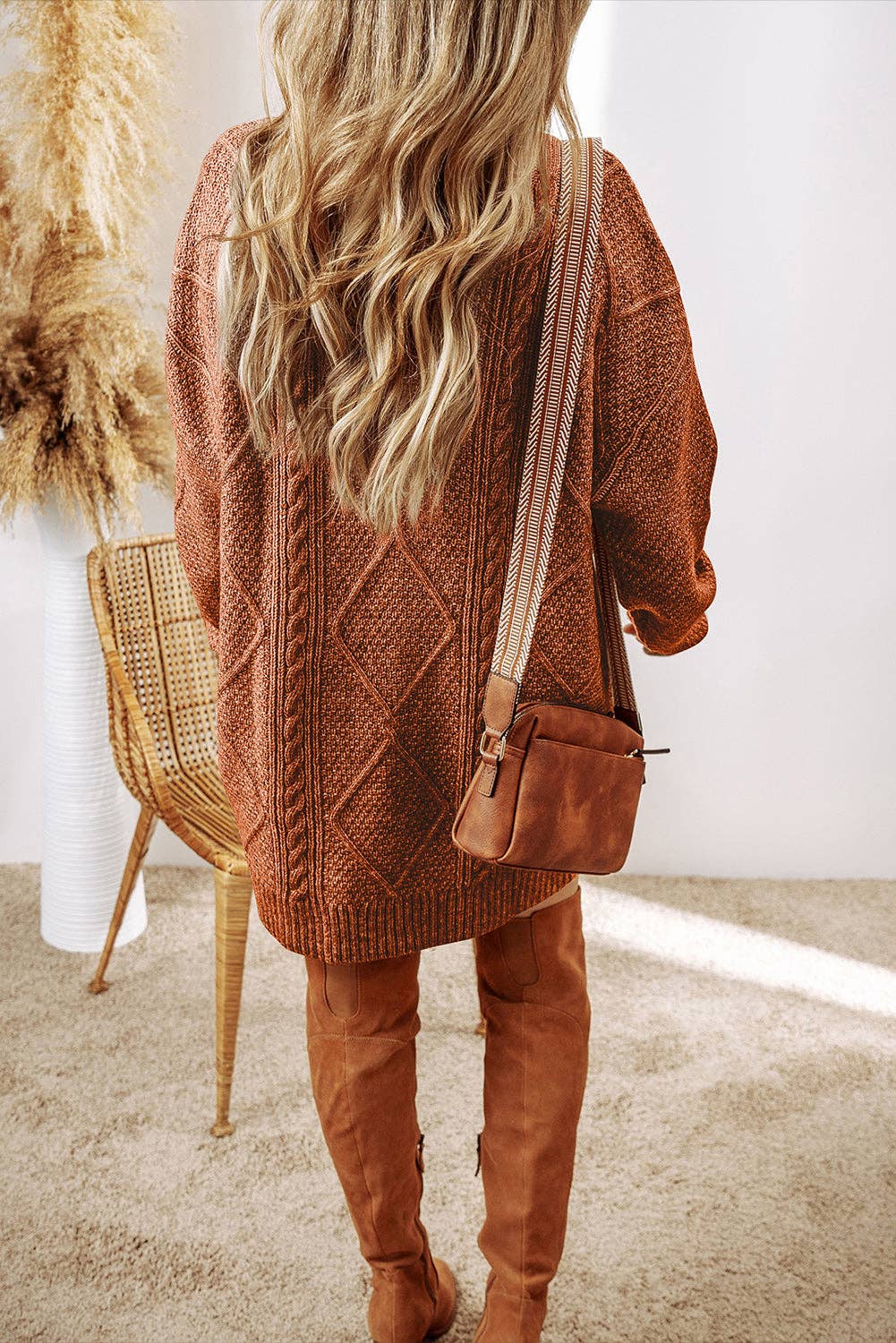 Parchment Cable Knit Drop Shoulder Loose Fit Sweater Dress - Image 17