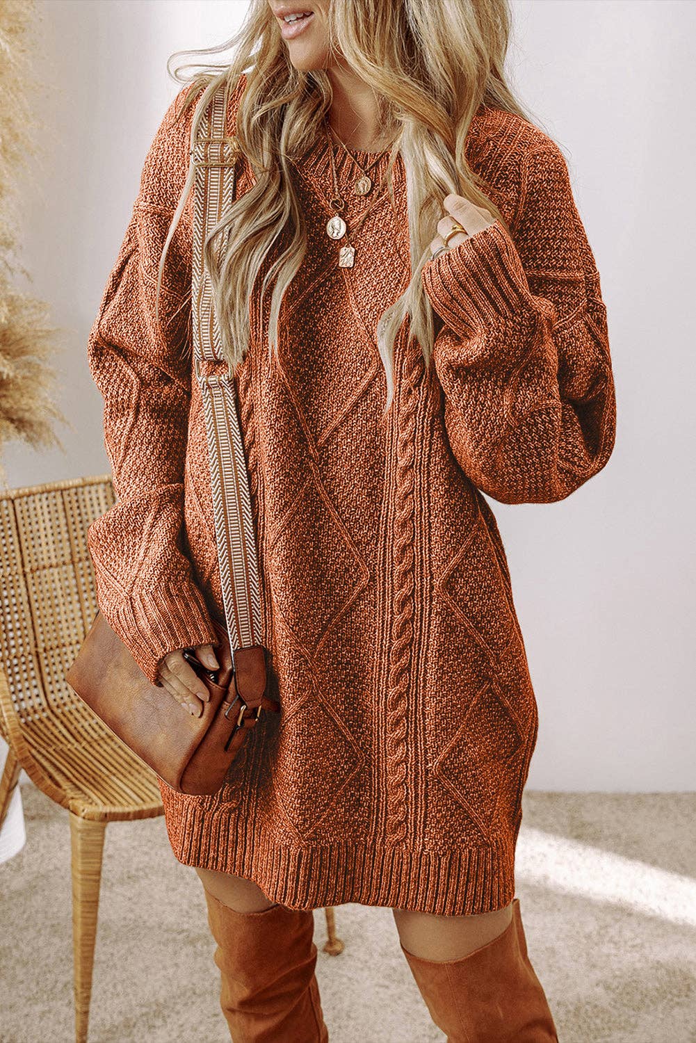 Parchment Cable Knit Drop Shoulder Loose Fit Sweater Dress - Image 18