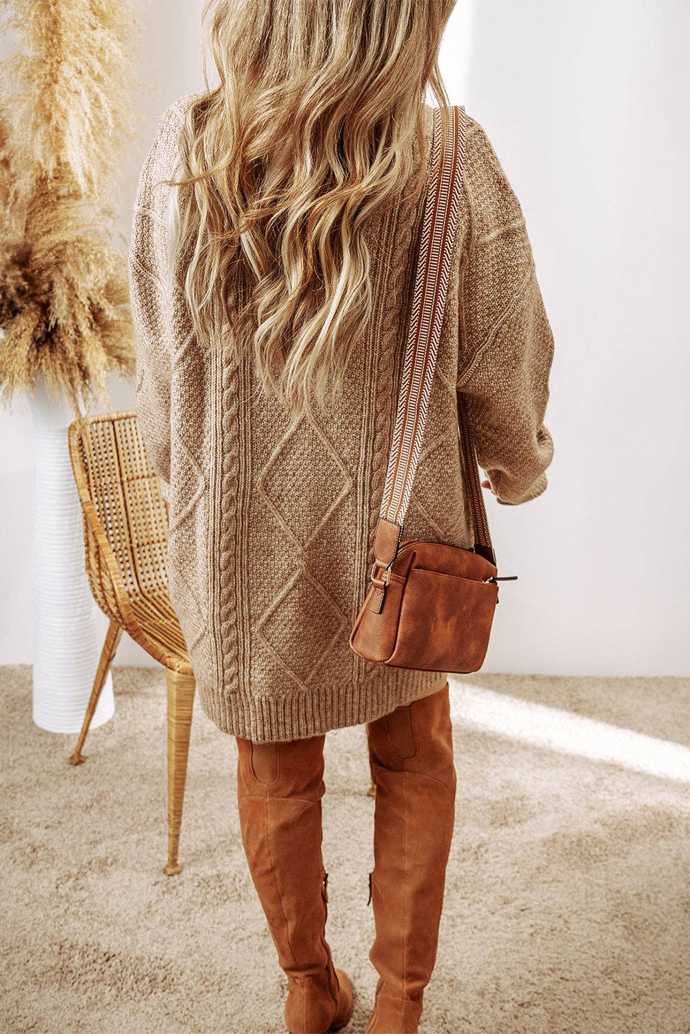 Parchment Cable Knit Drop Shoulder Loose Fit Sweater Dress - Image 3