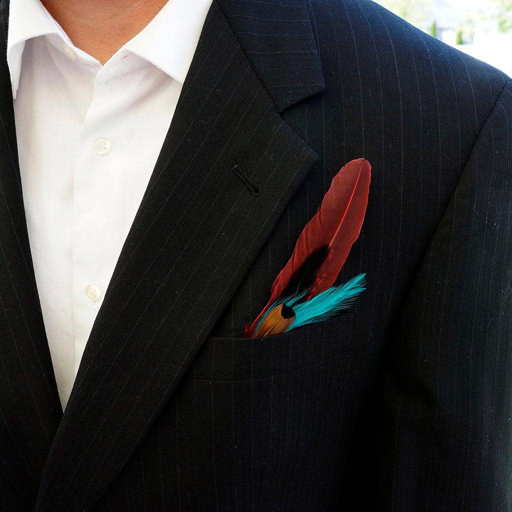 Pheasant Hackle Feather Hat Trims - Dark Aqua- Tango Red - Image 2