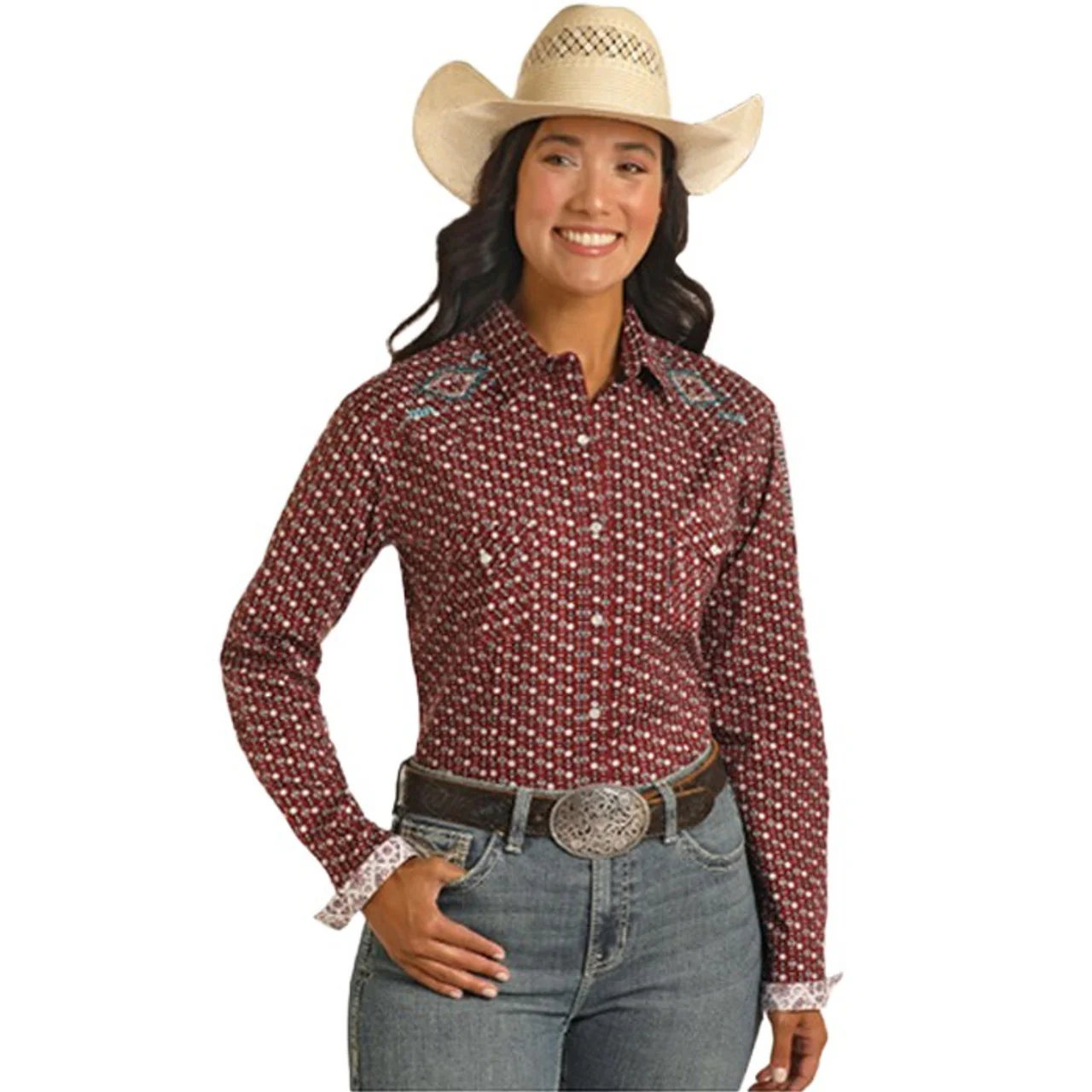 PHS Ladies Rough Slim Maroon Small Southwestern Print Shirt Style RWN2S03840