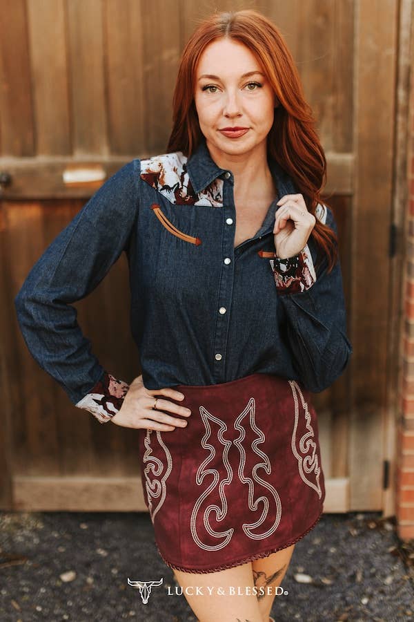Plus Suze Dark Wash Stretch Denim Jacquard Yoke Camel Shirt