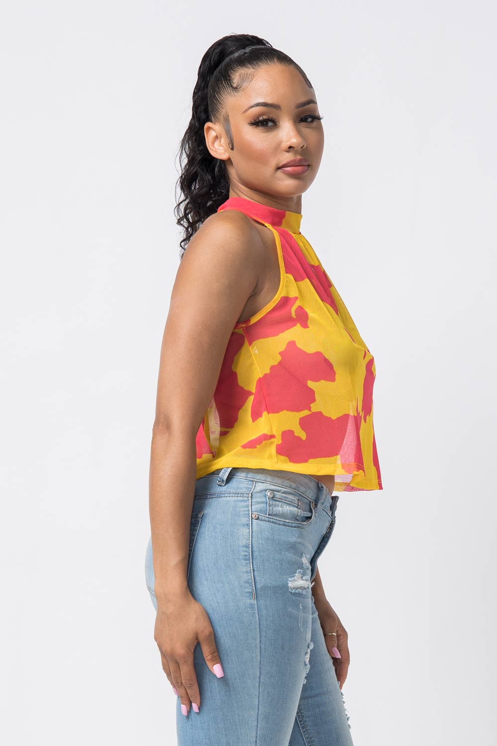 Print Halter Neck Back Tie Sleeveless Top - Image 3