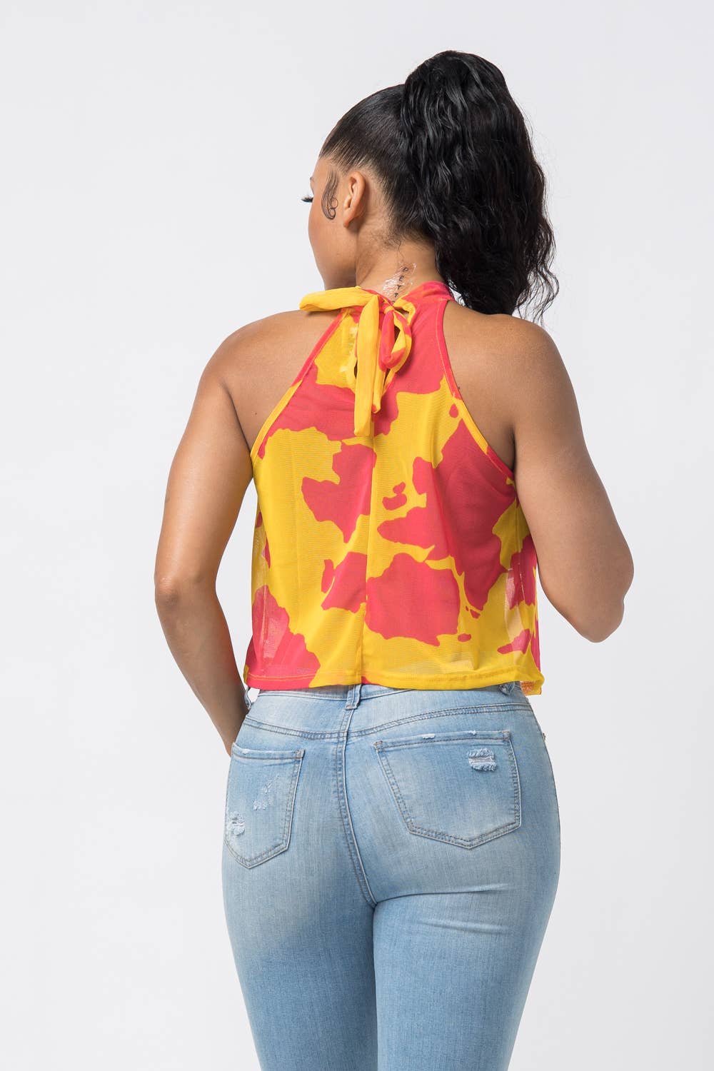 Print Halter Neck Back Tie Sleeveless Top - Image 4