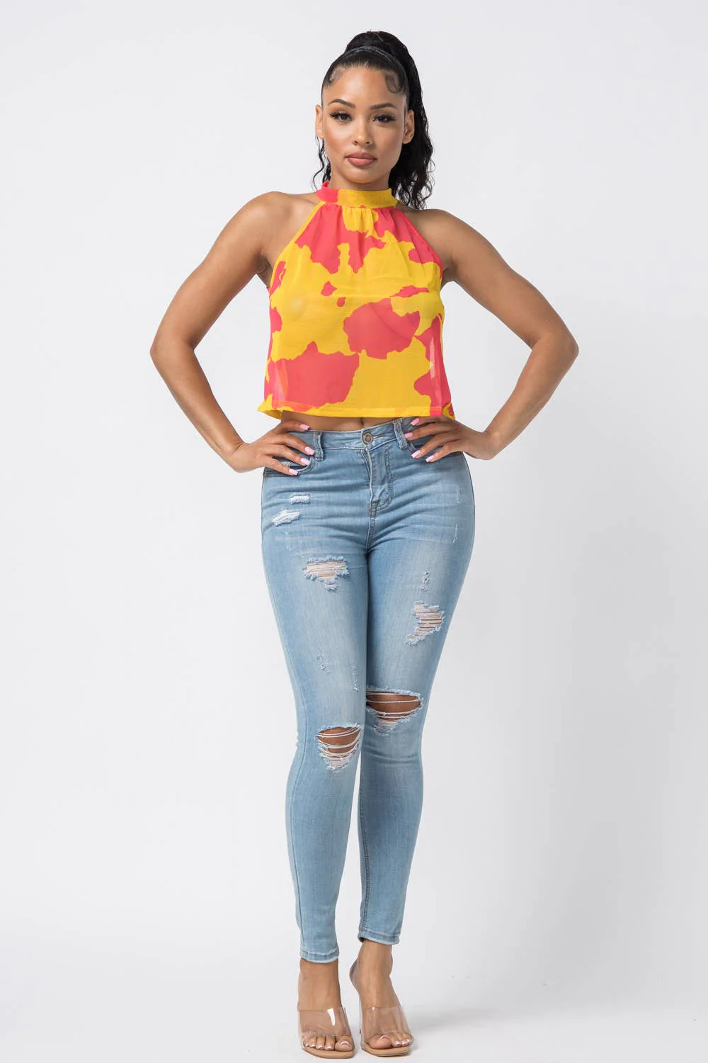 Print Halter Neck Back Tie Sleeveless Top - Image 5