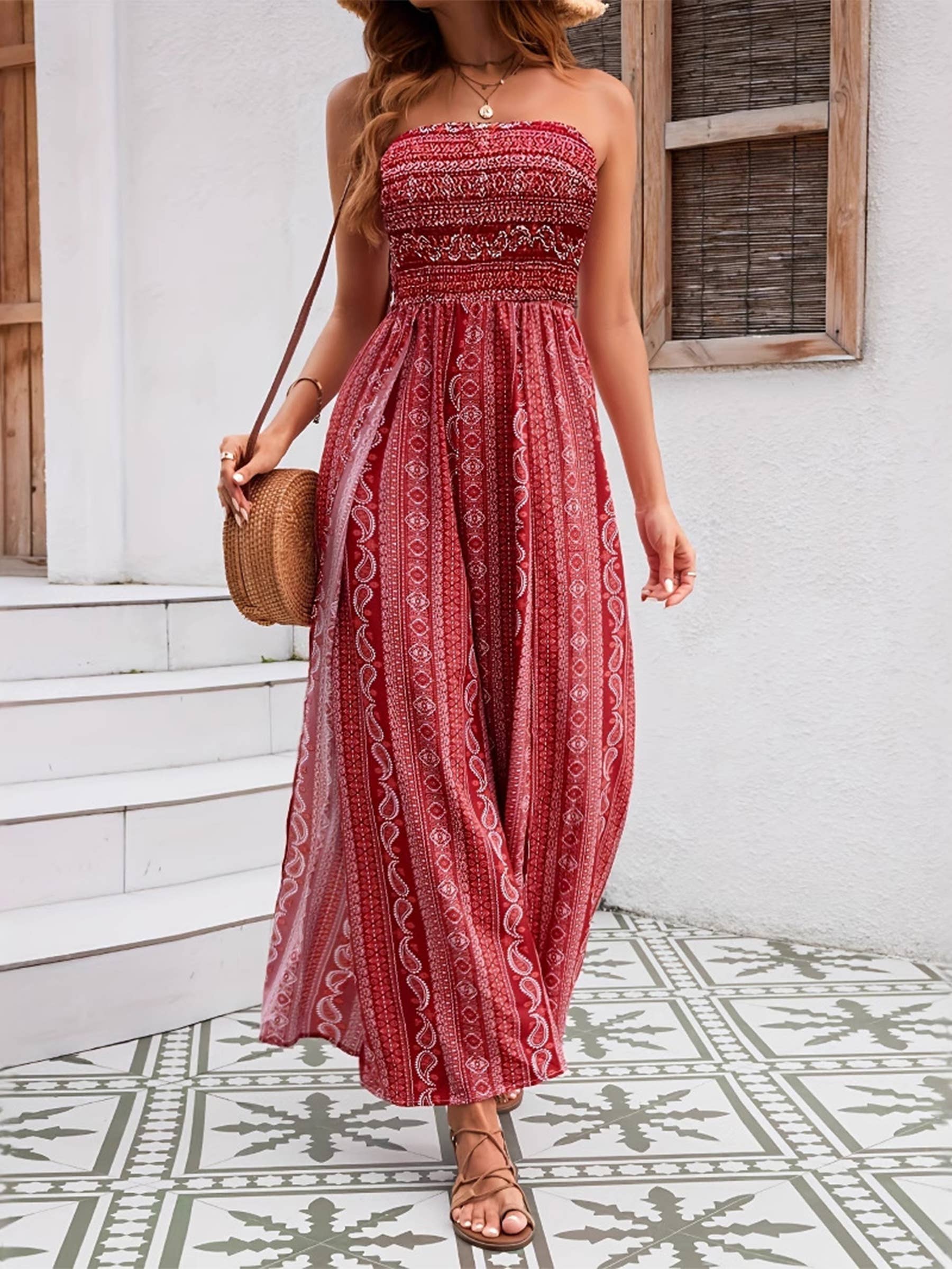 Printed Strapless Wide Leg Jumpsuit For Women - Image 5