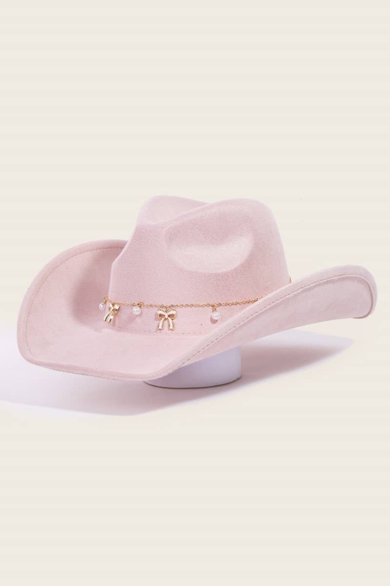 Ribbon Bow Pearl Chain Cowboy Hat - Image 6