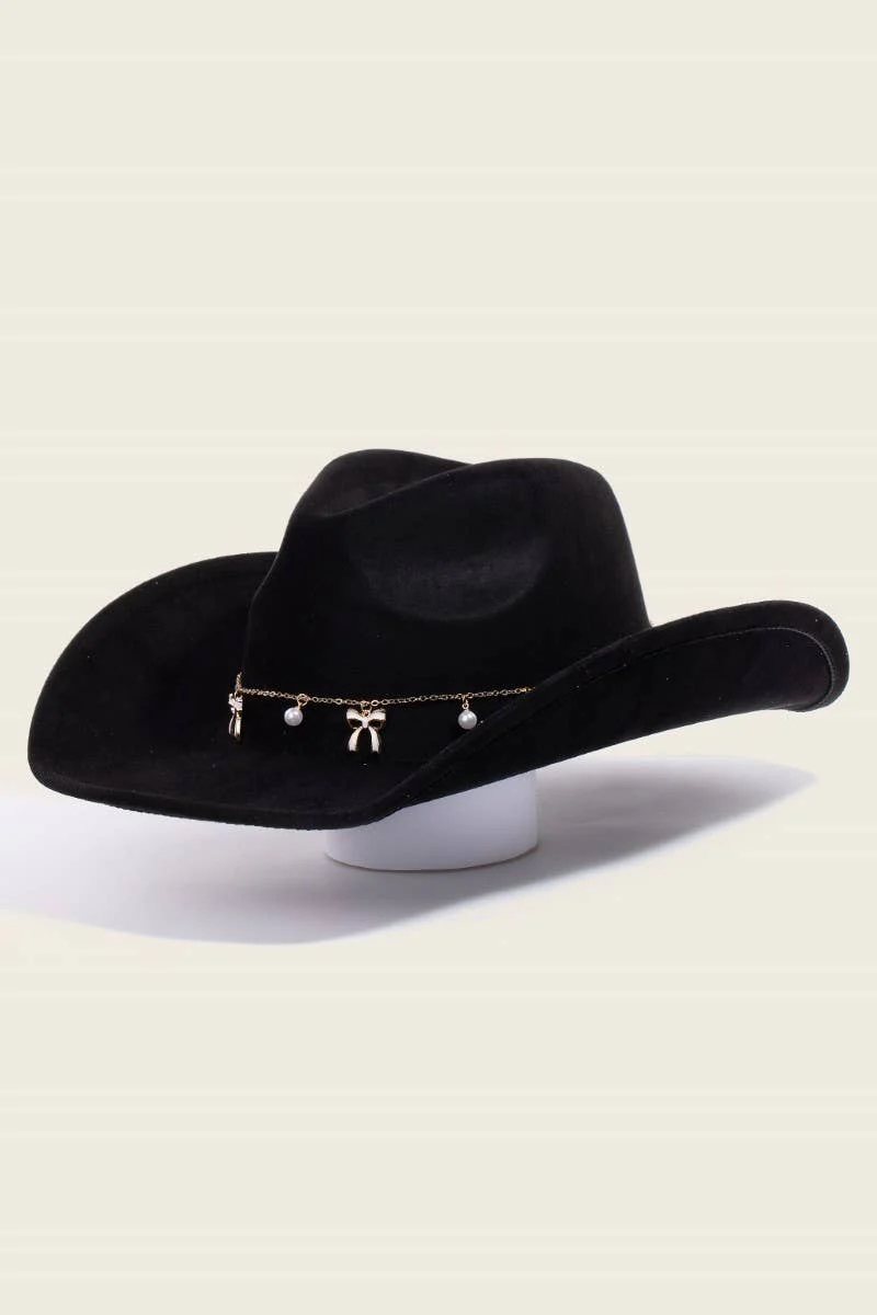 Ribbon Bow Pearl Chain Cowboy Hat - Image 8