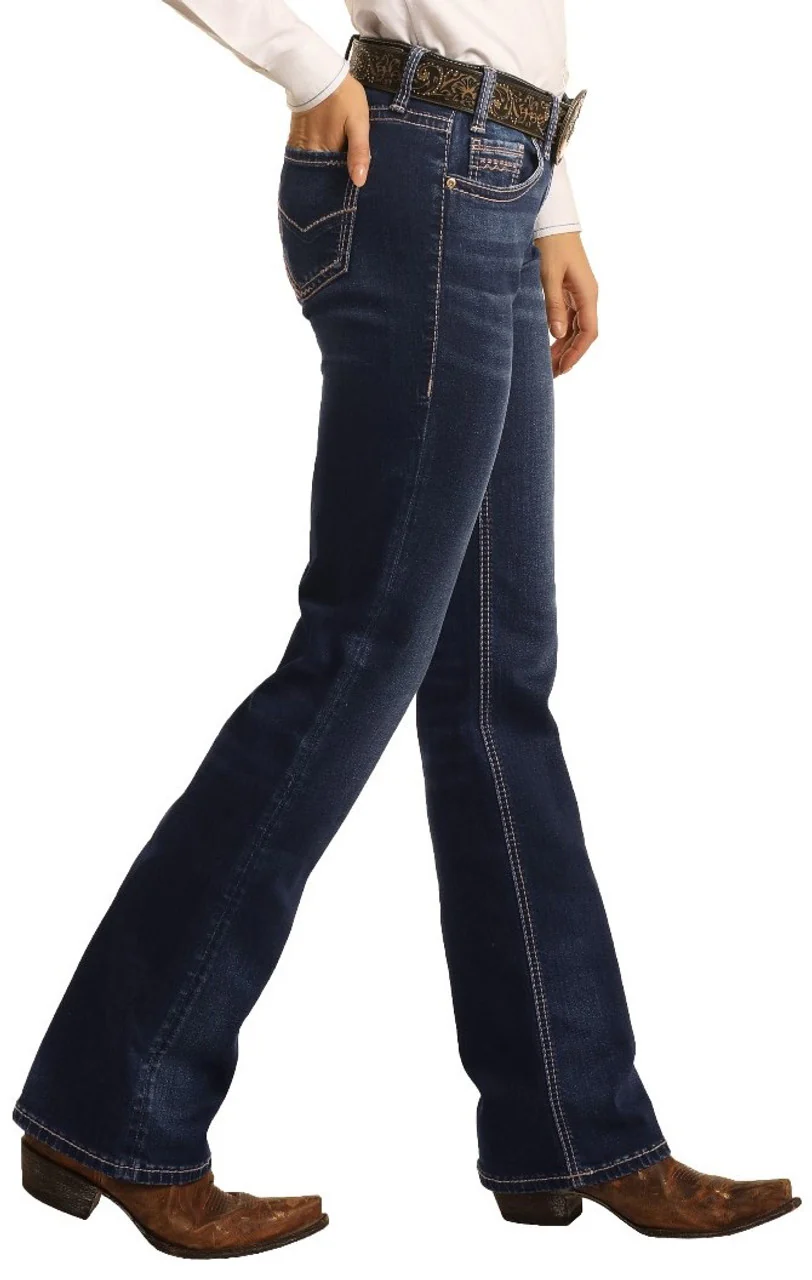 Rock and Roll Cowgirl Riding Extra Stretch Dark Wash Jeans Style W7-4166 - Image 6