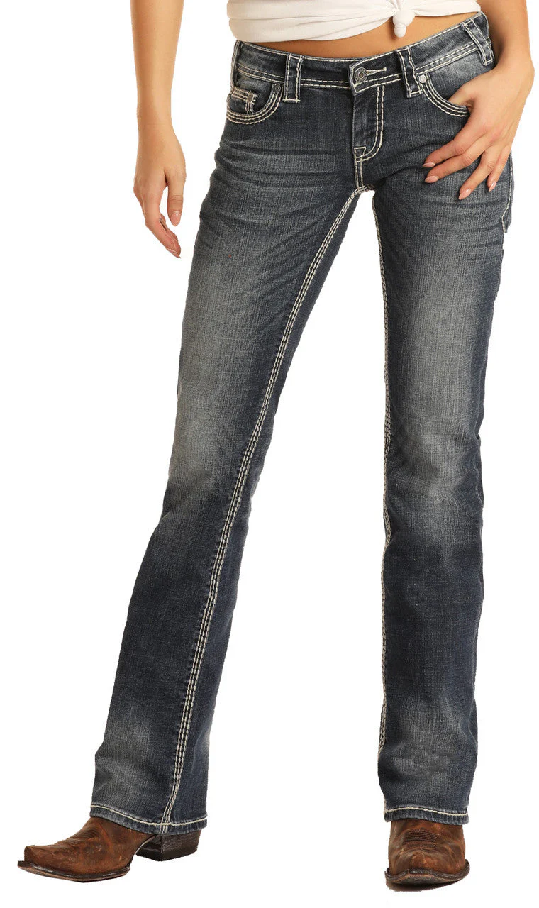 Rock Roll Womens Stretch Riding Mid Rise Regular Fit Bootcut Jeans Dark Vintage Style W7-9516 - Image 3