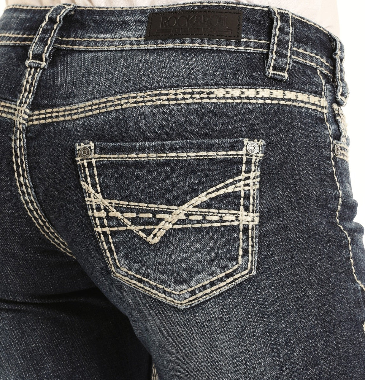 Rock Roll Womens Stretch Riding Mid Rise Regular Fit Bootcut Jeans Dark Vintage Style W7-9516 - Image 4
