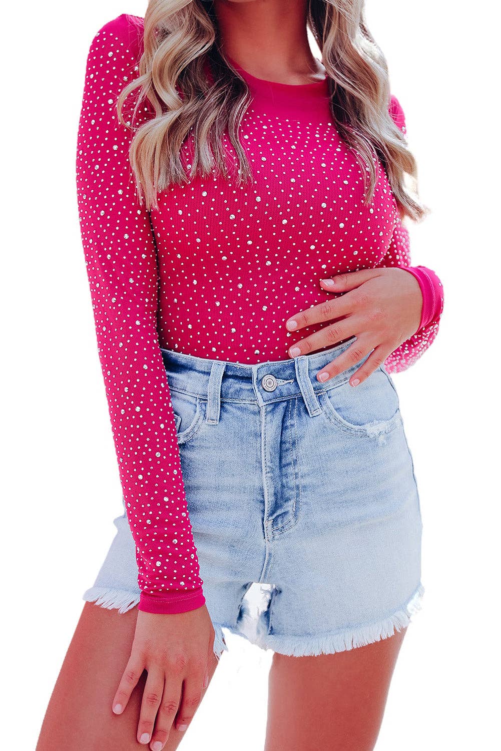 Rose Rhinestone O-neck Long Sleeve  Bodysuit - Image 3