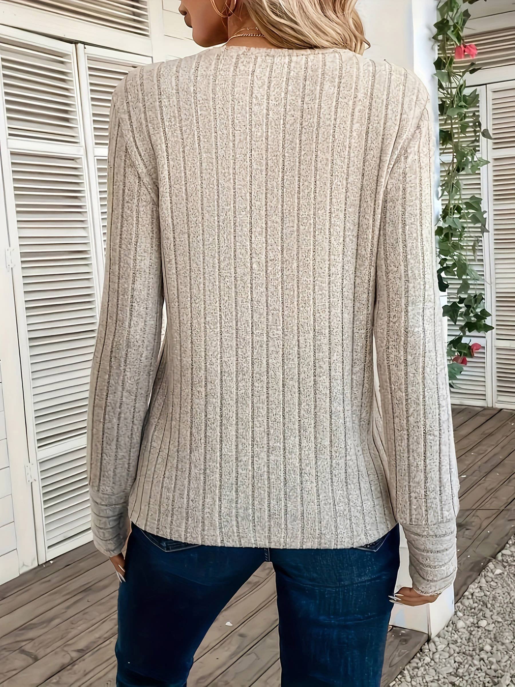 Round Neck Elastic Ribbed Long Sleeved Top - Image 3