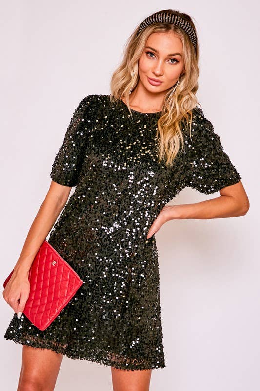 Round Neck Short Puff Sleeve Sequin Mini Dress VD31800 - Image 40