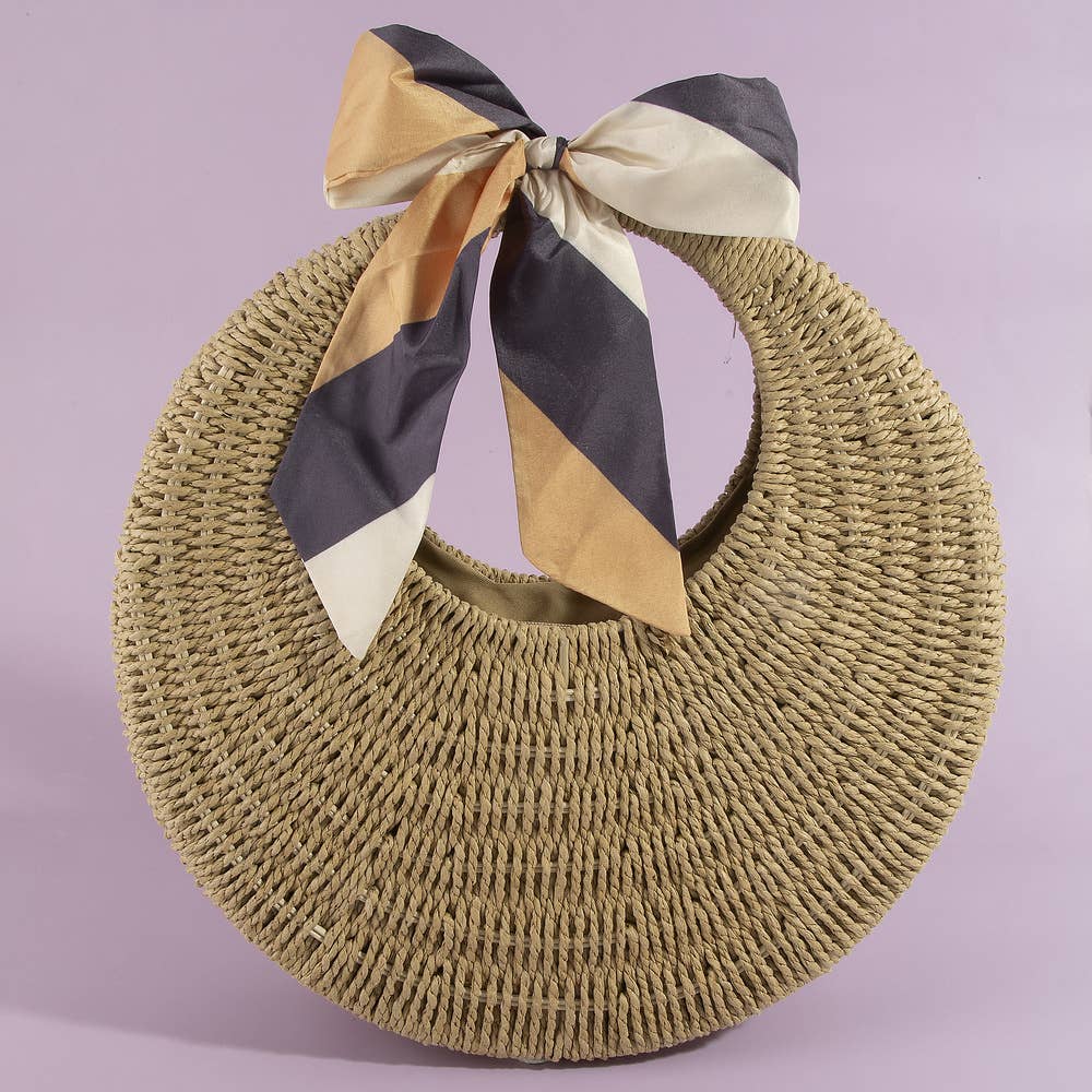 Round Woven Straw Bag With Bow Scarf Accent - Image 2