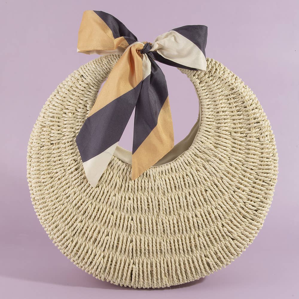 Round Woven Straw Bag With Bow Scarf Accent - Image 8