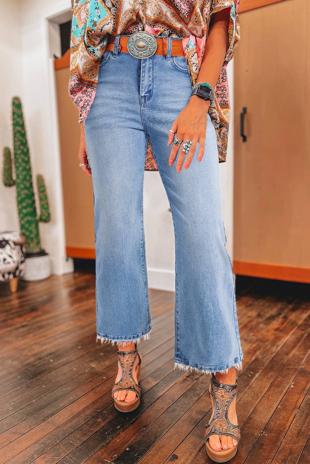 Sail Blue Mineral Wash Raw Hem High Waist Flared Jeans - Image 2