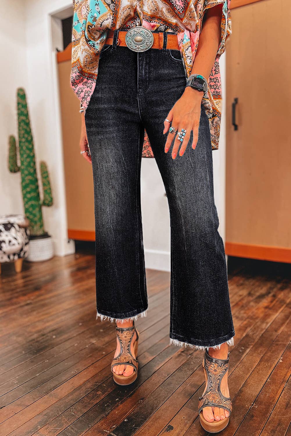 Sail Blue Mineral Wash Raw Hem High Waist Flared Jeans - Image 6