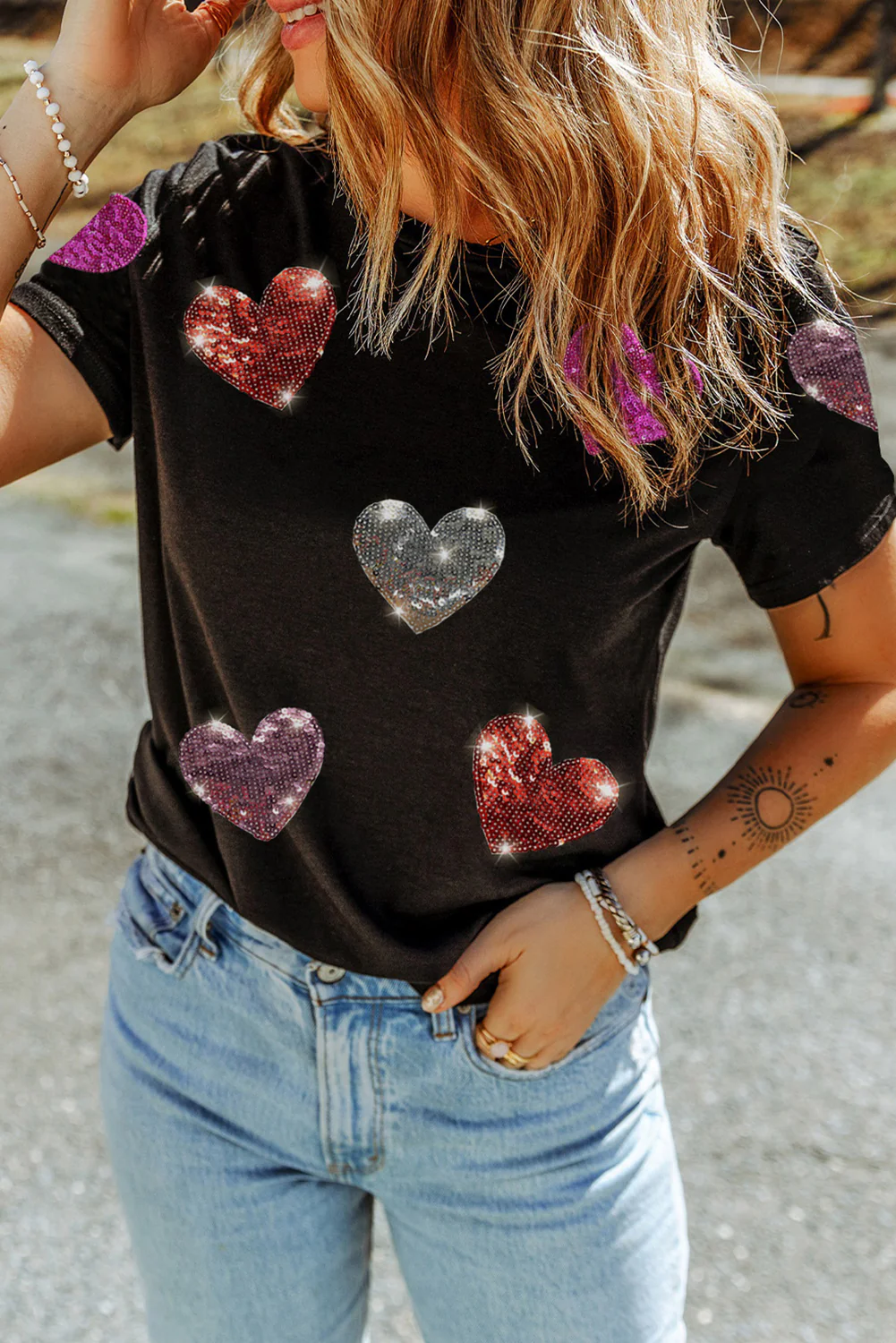 Sequin Heart Valentine Graphic T Shirt | S-2XL
