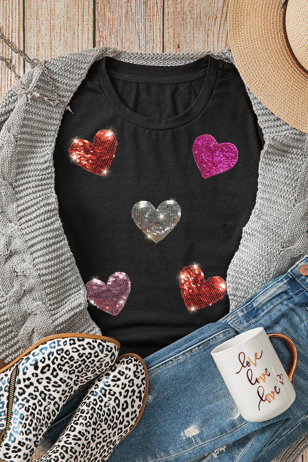 Sequin Heart Valentine Graphic T Shirt | S-2XL - Image 5