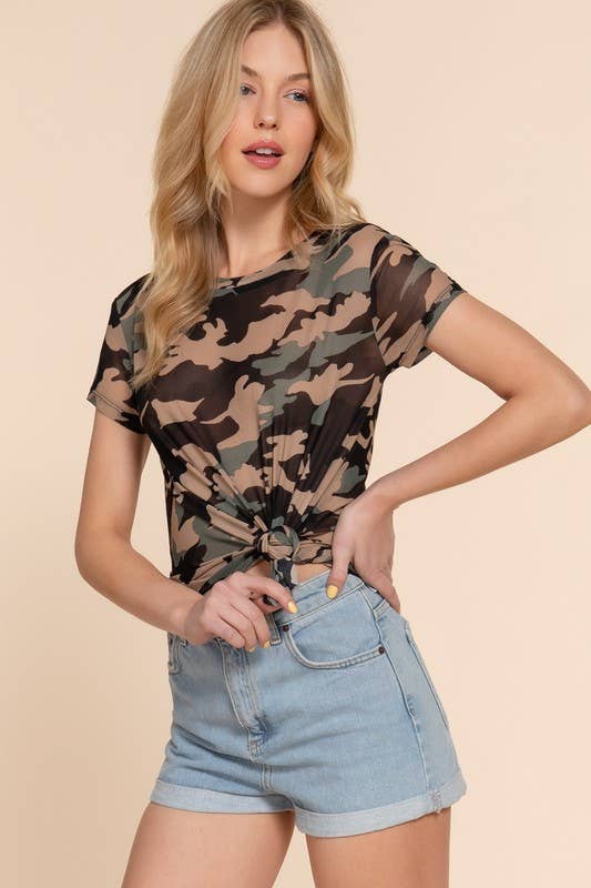 Short Sleeve Crew Neck Knotted Camo Print Mesh Mesh Top - Image 3