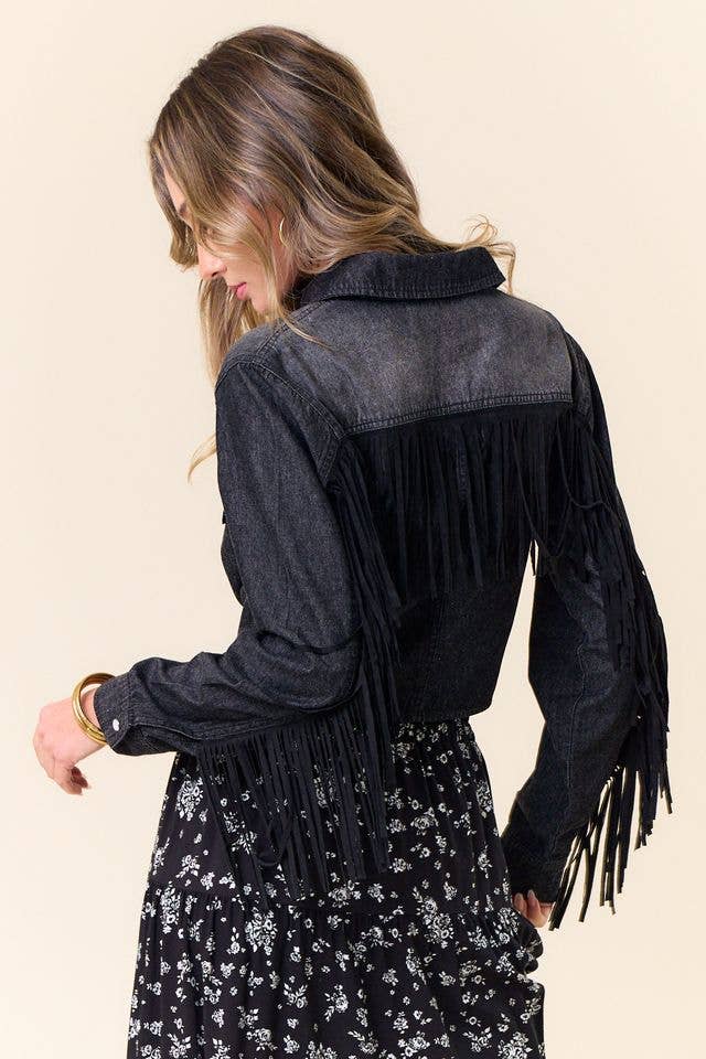 SIT3797C BLACK DENIM SILVER STUDDED FRINGE TIE FRONT SHIRT - Image 4