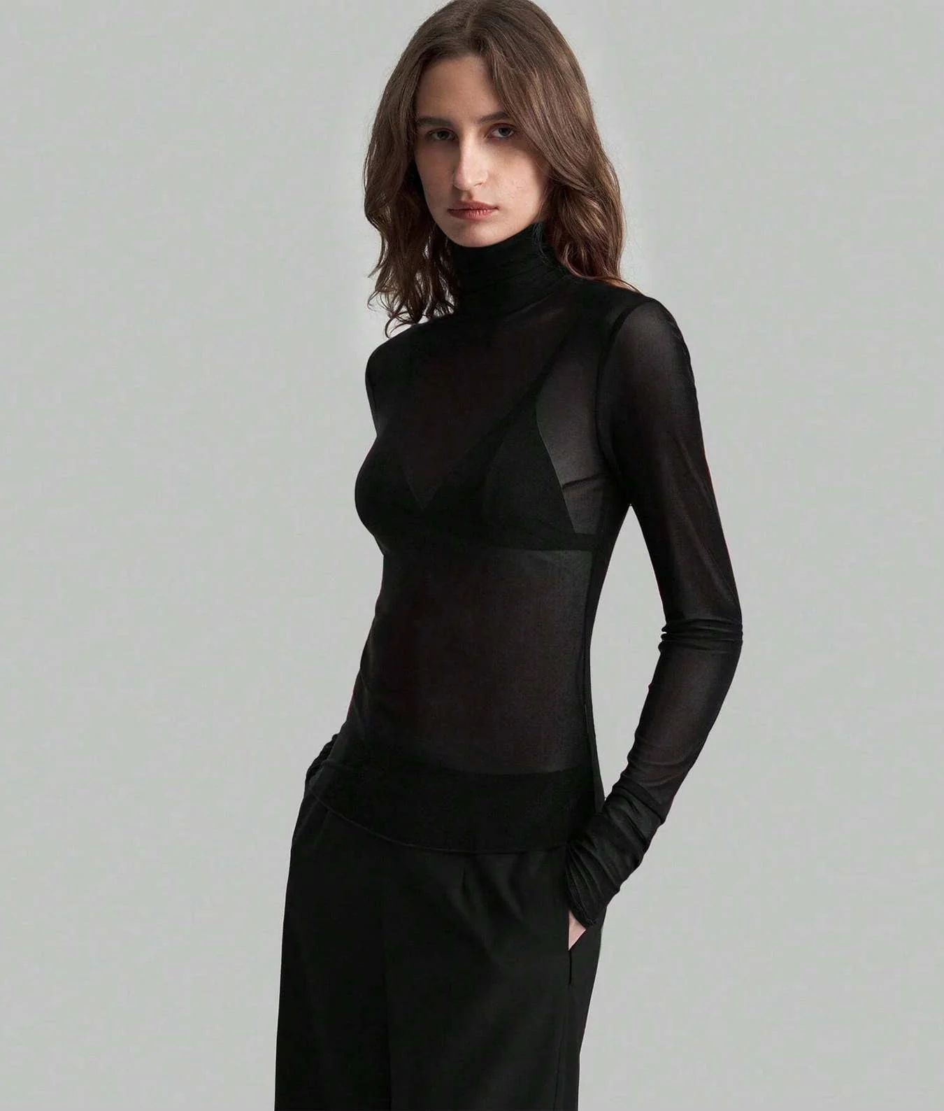 Slim Fit Solid Mesh Long Sleeve Stand Collar Blouse - Image 10