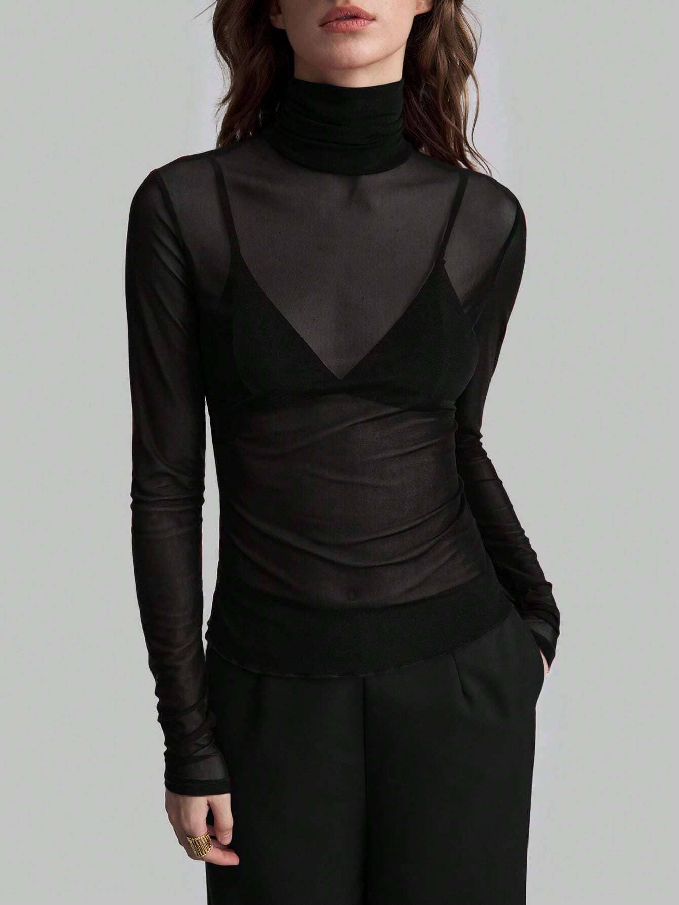 Slim Fit Solid Mesh Long Sleeve Stand Collar Blouse - Image 11