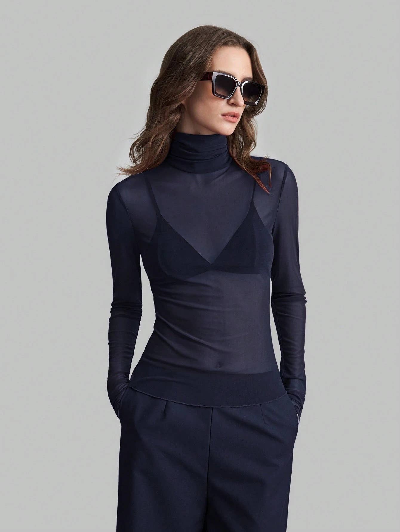 Slim Fit Solid Mesh Long Sleeve Stand Collar Blouse - Image 12
