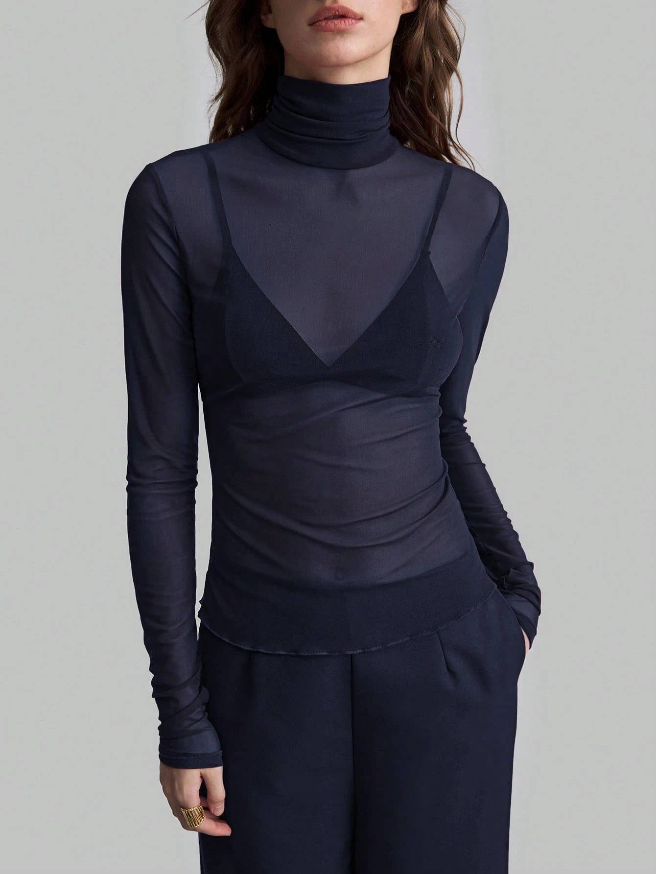 Slim Fit Solid Mesh Long Sleeve Stand Collar Blouse - Image 13