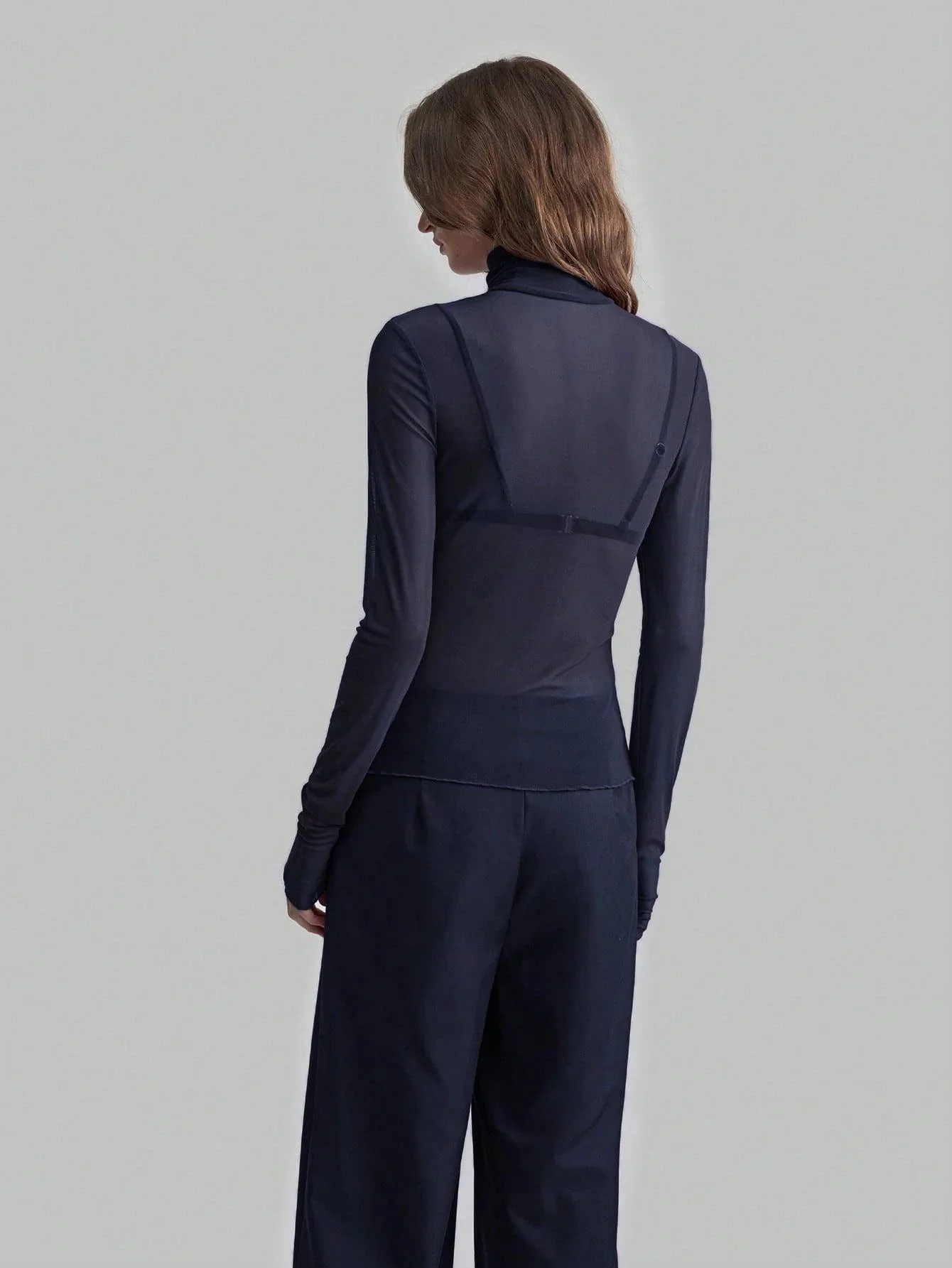 Slim Fit Solid Mesh Long Sleeve Stand Collar Blouse - Image 14