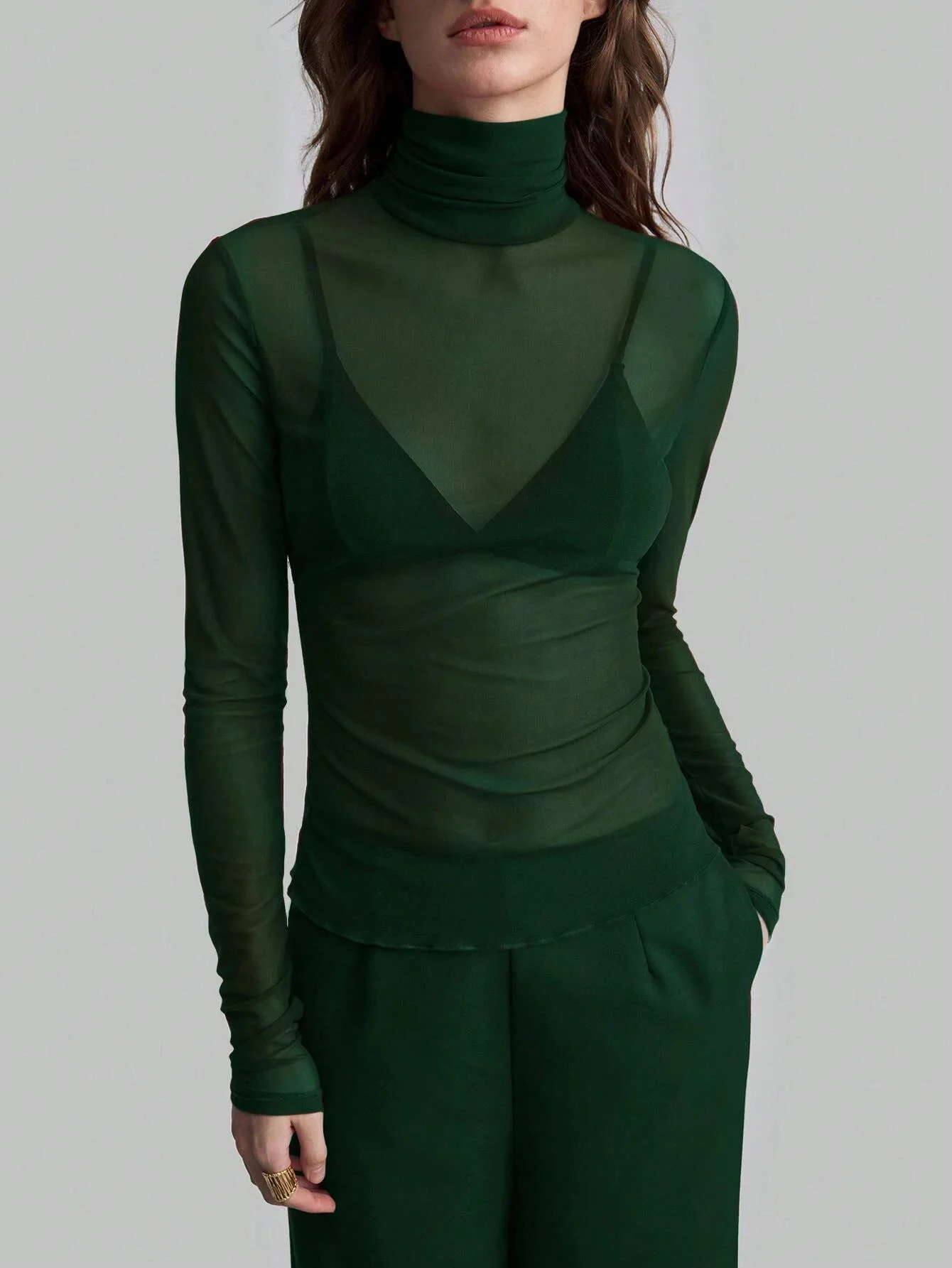 Slim Fit Solid Mesh Long Sleeve Stand Collar Blouse - Image 16