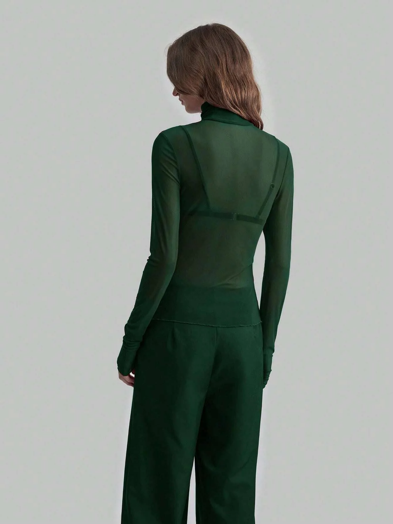 Slim Fit Solid Mesh Long Sleeve Stand Collar Blouse - Image 17
